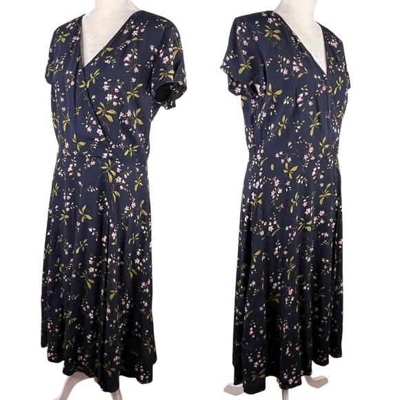 Ann Taylor Navy Blue Floral Midi Faux Wrap Dress 12T - Picture 14 of 14